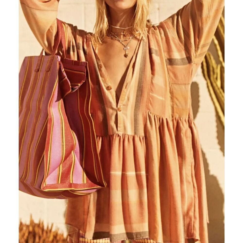 Free People Sunset Ruffled Hem With Pockets Striped Oversized Shirt Dress Small